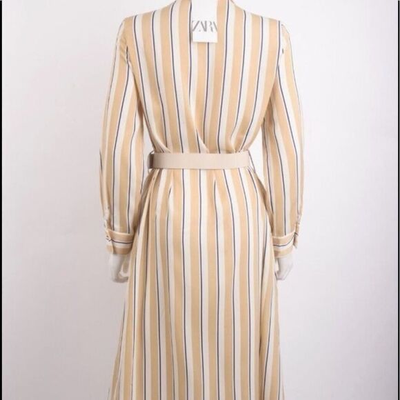 ZARA Striped Belted Midi Dress long sleeves tan,white,blue Size XS‎ NWT - Picture 3 of 9